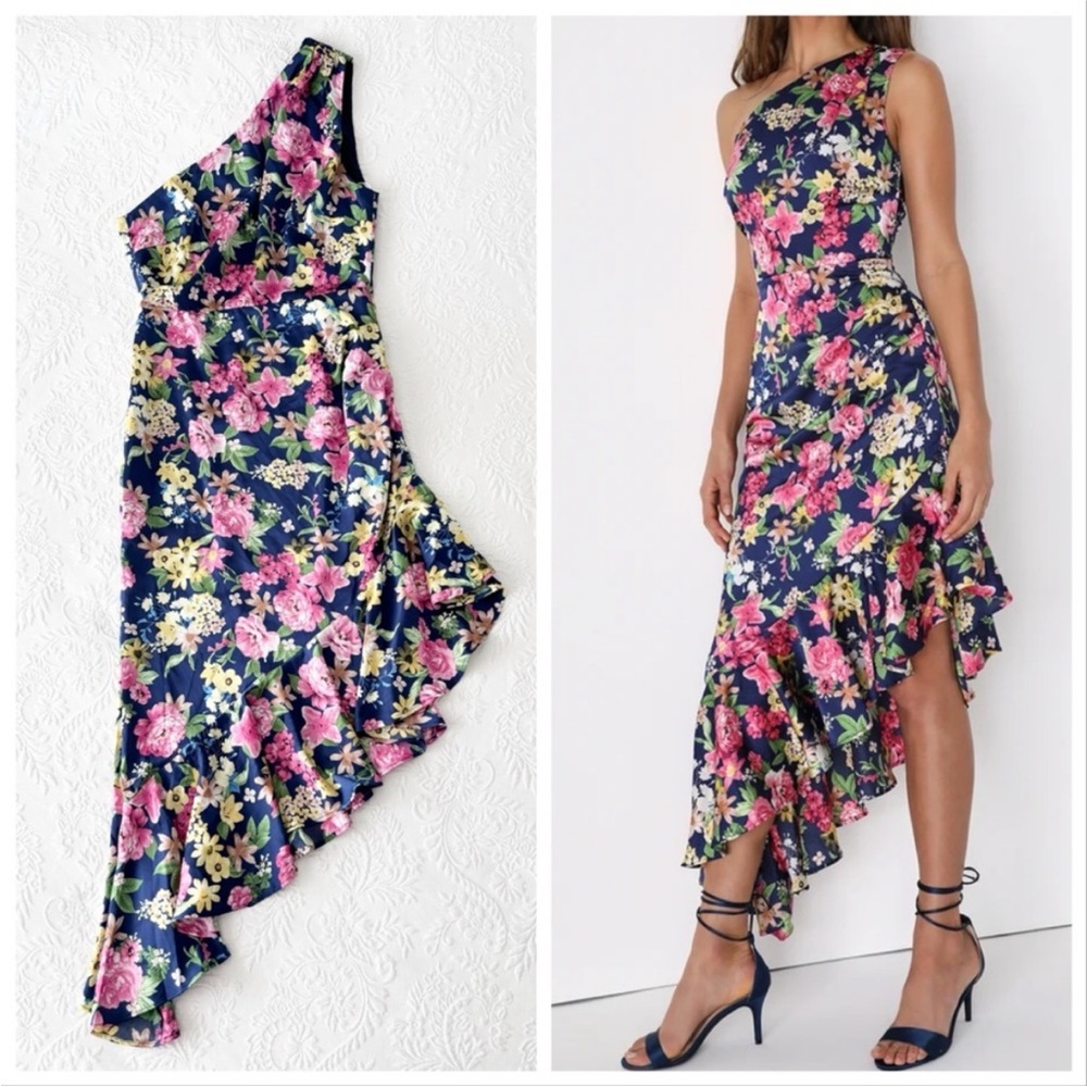 NWOT Lulus Divinely Blooming Blue Multi Floral One-Shoulder Midi Dress Large